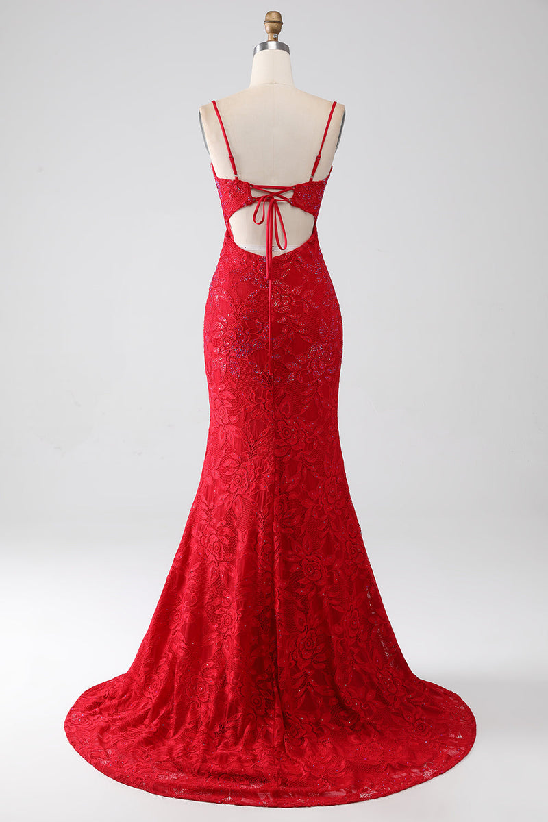 Załaduj obraz do przeglądarki galerii, Czerwona Koronkowa Sukienka Syrenka Na Studniówkę Z Rozcięciem