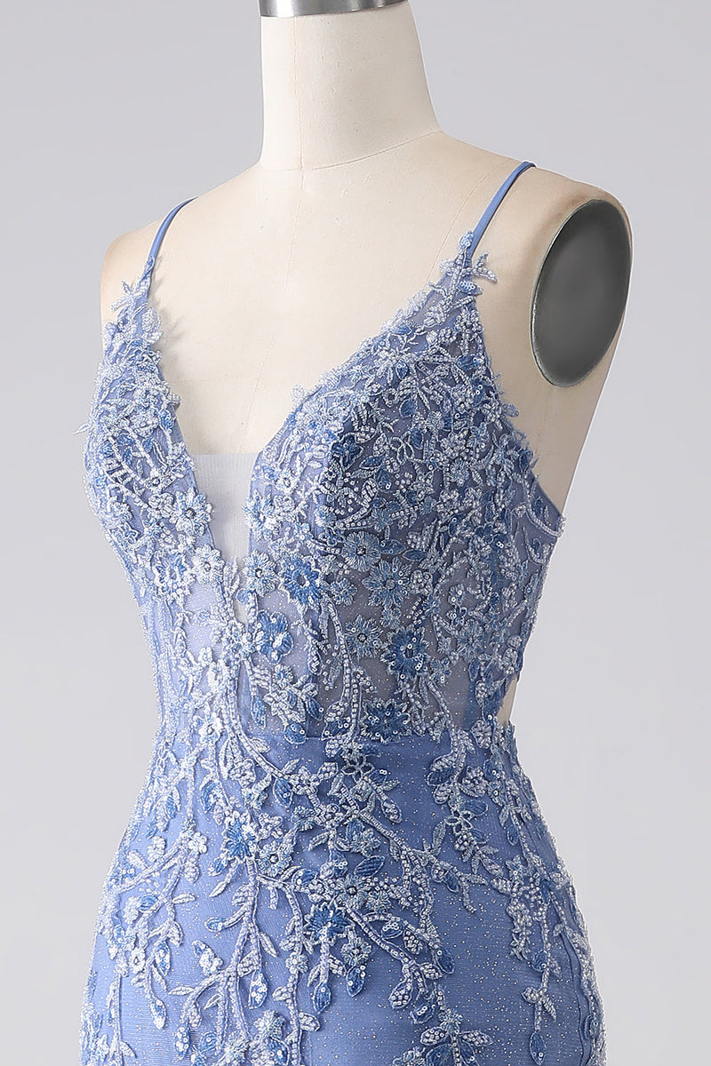 Załaduj obraz do przeglądarki galerii, Szara niebieska syrenka na ramiączkach spaghetti z koralikami sukienka na studniówkę bez pleców z aplikacjami