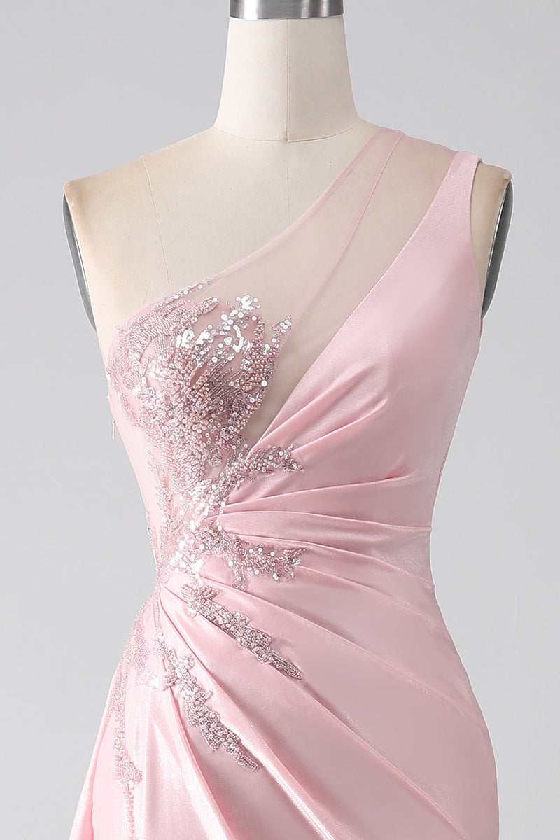 Załaduj obraz do przeglądarki galerii, Różowa Syrenka Cekiny Na Jedno Ramię Aplikacje Ruched Sukienka Studniówka Z Rozcięciem