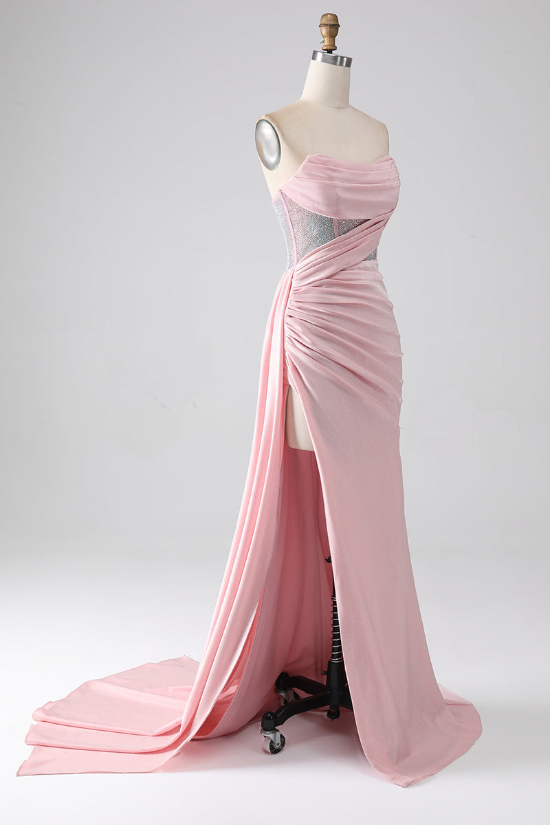 Załaduj obraz do przeglądarki galerii, Różowa Syrenka Bez Ramiączek Plisowana Długa Sukienka Na Studniówkę Z Wysokim Rozcięciem