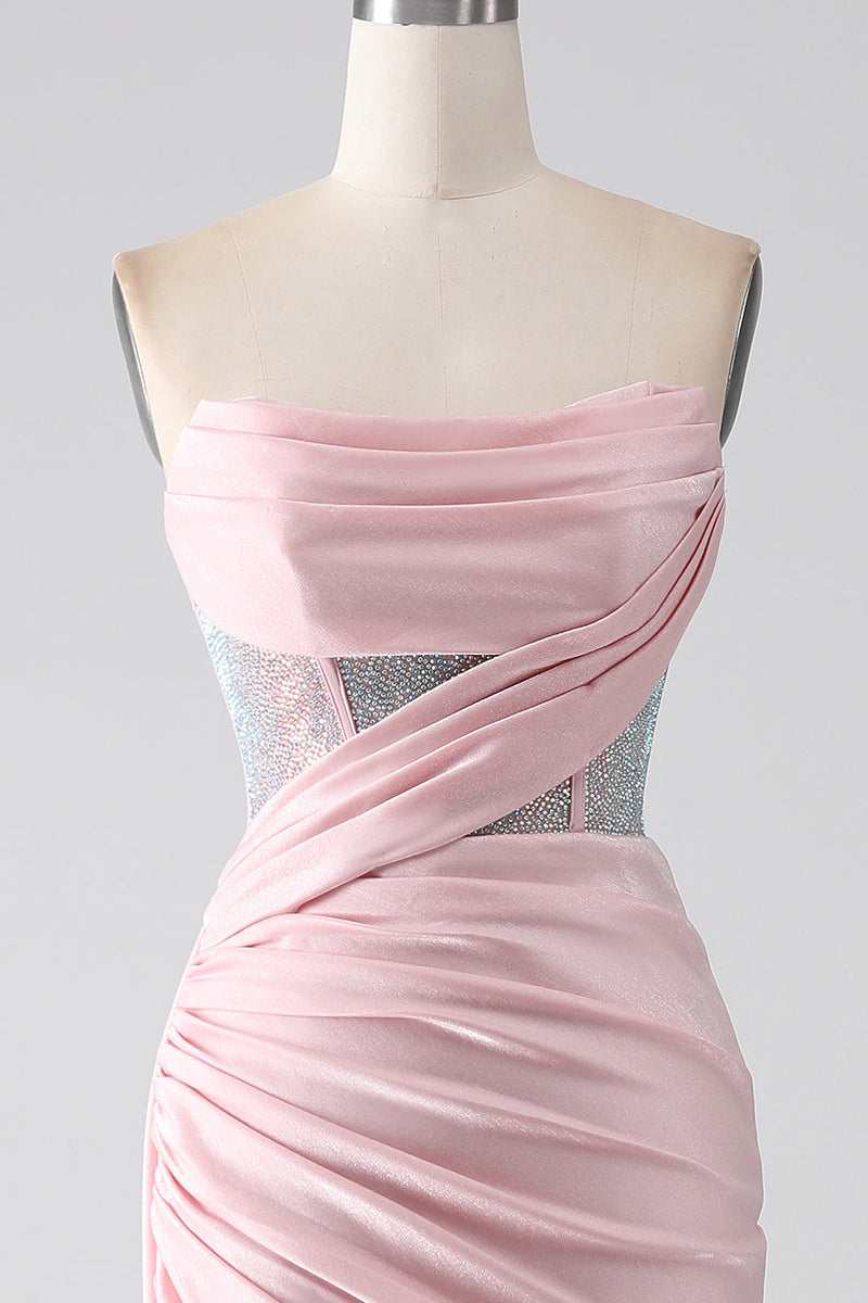 Załaduj obraz do przeglądarki galerii, Różowa Syrenka Bez Ramiączek Plisowana Długa Sukienka Na Studniówkę Z Wysokim Rozcięciem