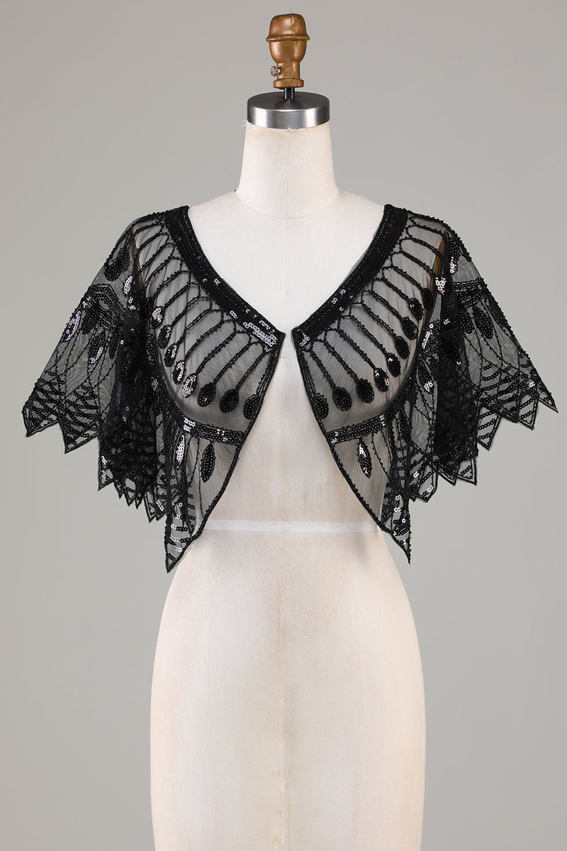 Załaduj obraz do przeglądarki galerii, Glitter Black Sequins 1920s Cape with Beading