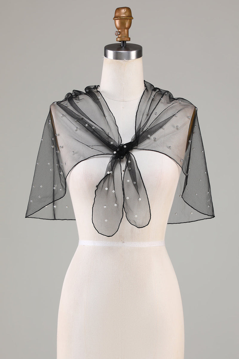Załaduj obraz do przeglądarki galerii, Czarny tiul 1920s peleryna z perłami