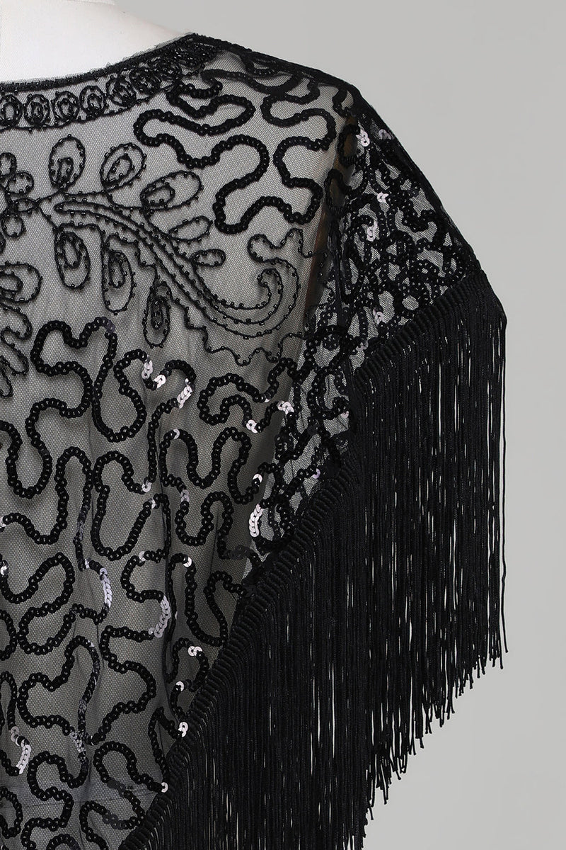 Załaduj obraz do przeglądarki galerii, Czarne cekiny brokatowe 1920s peleryna z frędzlami