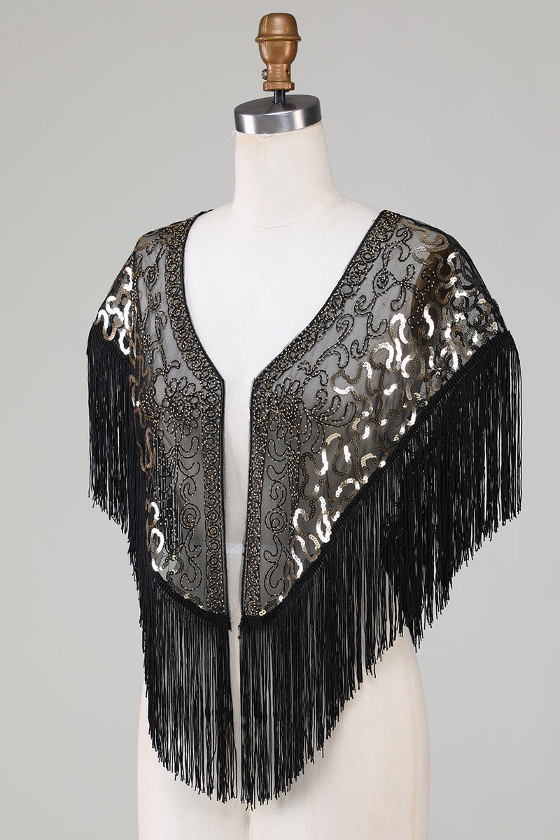 Załaduj obraz do przeglądarki galerii, Czarne cekiny brokatowe 1920s peleryna z frędzlami