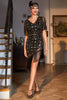 Załaduj obraz do przeglądarki galerii, Czarna Złota Cekinowa Sukienka Lata 20 Wielki Gatsby Z Dekoltem W Serek