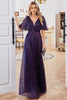 Załaduj obraz do przeglądarki galerii, Błyszcząca fioletowa sukienka imprezowa z dekoltem w serek z krótkim rękawem