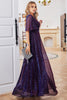 Załaduj obraz do przeglądarki galerii, Błyszcząca fioletowa sukienka imprezowa z dekoltem w serek z krótkim rękawem