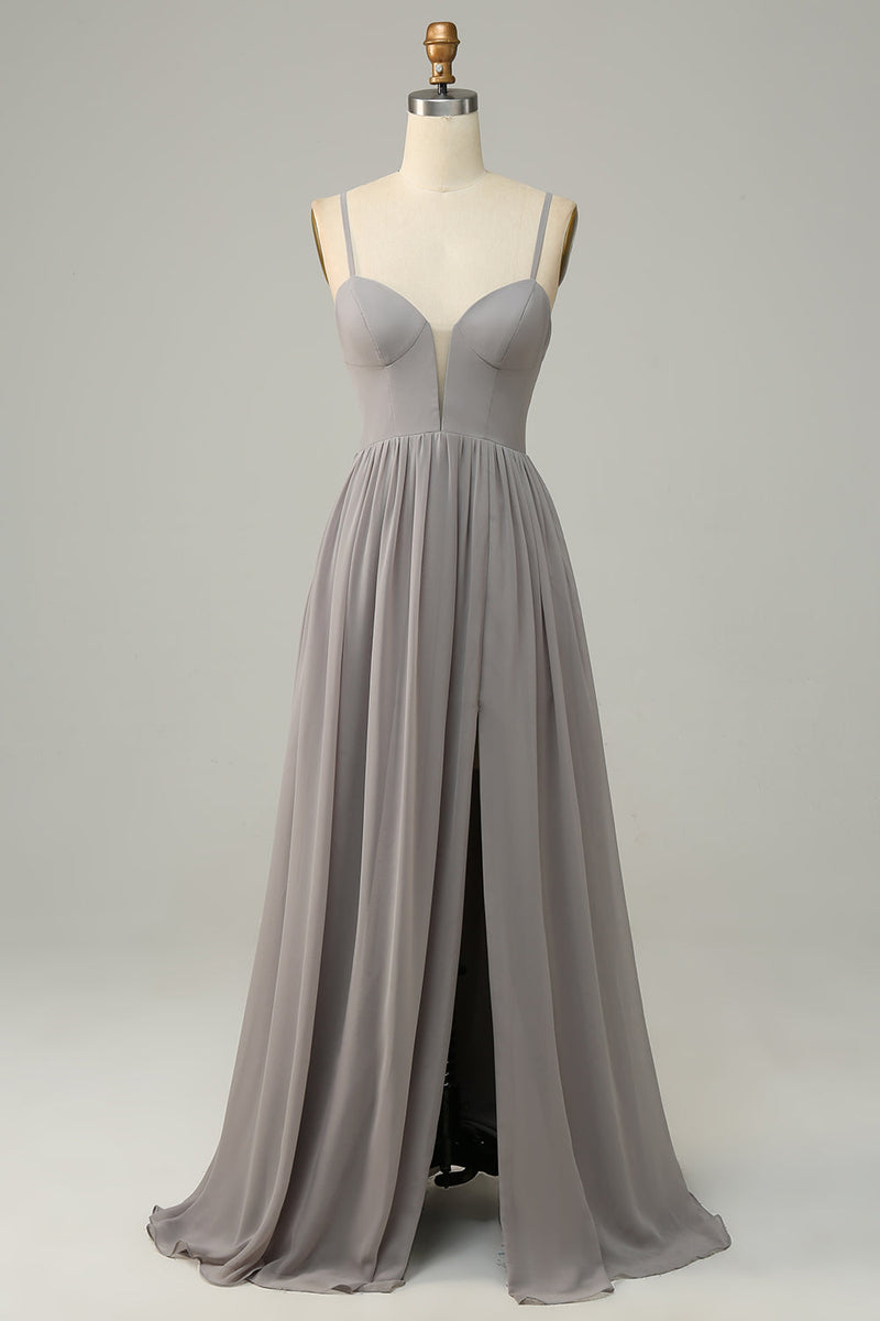Załaduj obraz do przeglądarki galerii, Srebrne Cienkich Ramiączkach Długa Sukienki Dla Druhny Z Rozcięciem