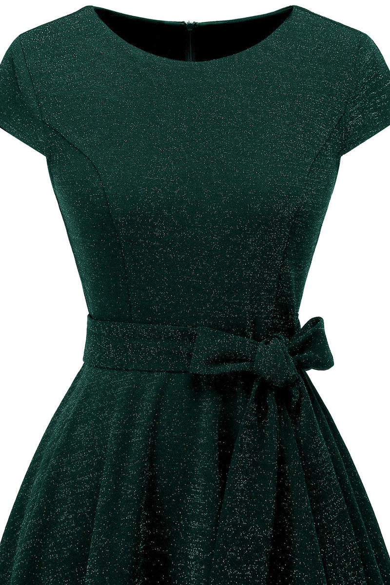 Załaduj obraz do przeglądarki galerii, Ciemnozielona sukienka Vintage 1950s z szarfą