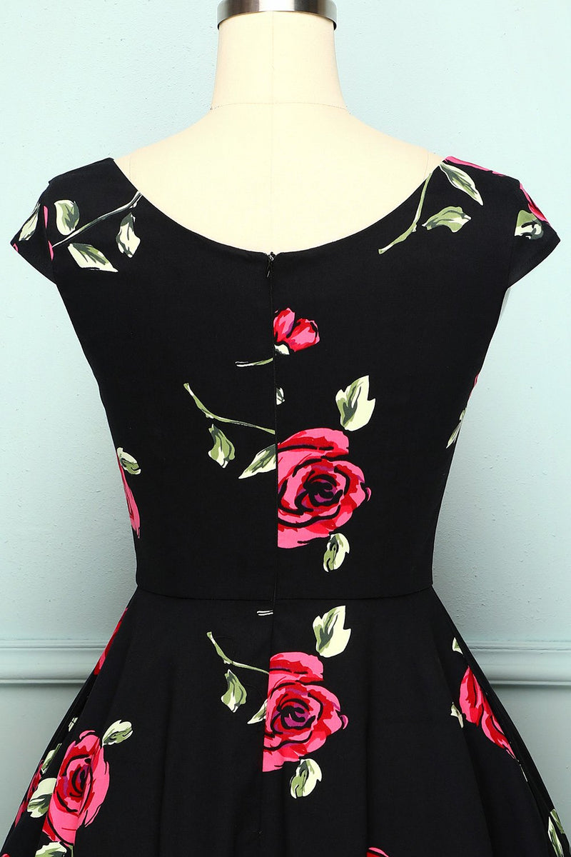 Załaduj obraz do przeglądarki galerii, Czarna Sukienki W Kwiaty Lata 50