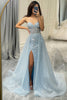 Załaduj obraz do przeglądarki galerii, Brokat Jasnoniebieska Długa Gorsetowa Sukienka Na Studniówkę Z Rozcięciem