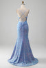 Załaduj obraz do przeglądarki galerii, Błyszcząca Cekiny Syrenka Jasnoniebieska Sukienki Na Studniówke Z Rozcięciem