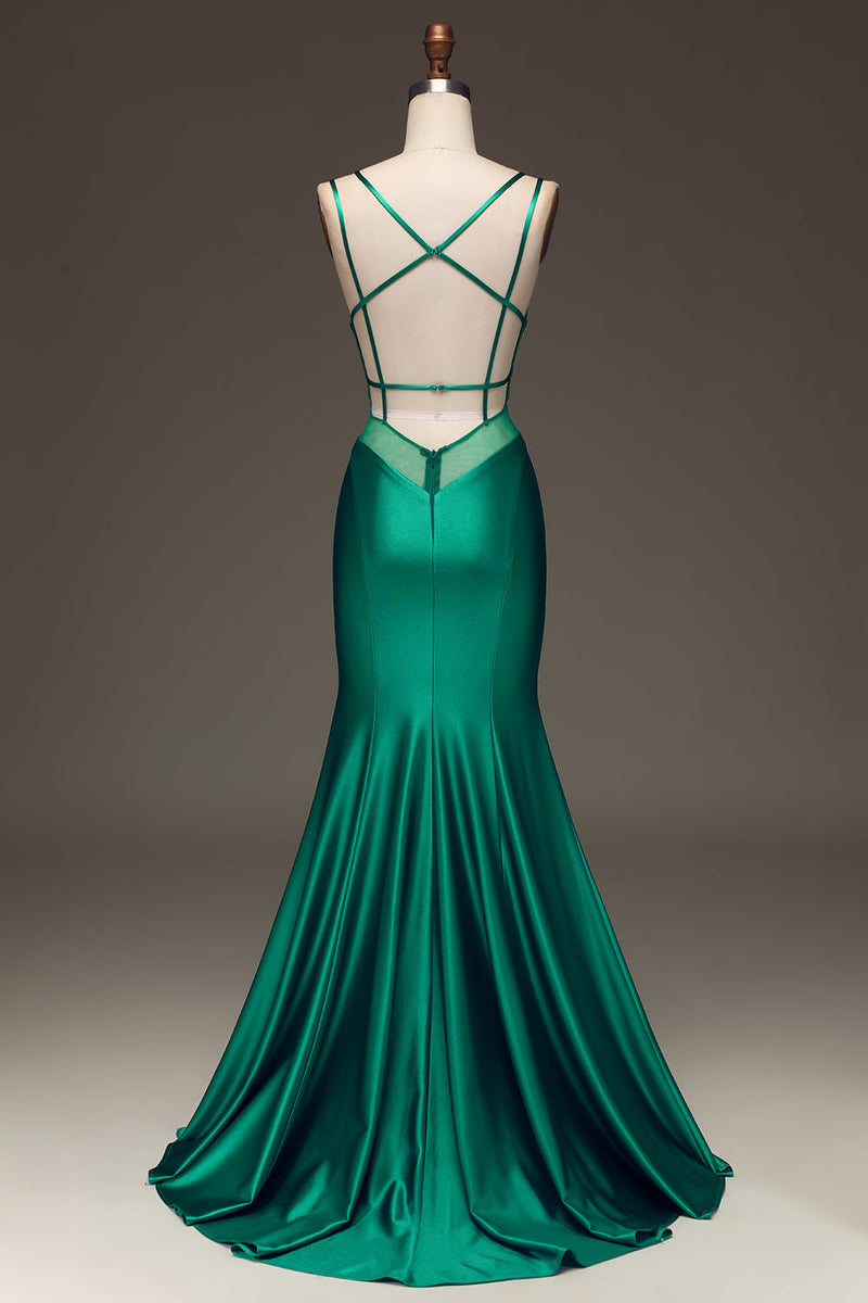 Załaduj obraz do przeglądarki galerii, Zielona Satynowa Sukienka Na Studniówkę Z Głębokim Dekoltem W Serek I Sznurowanymi Plecami