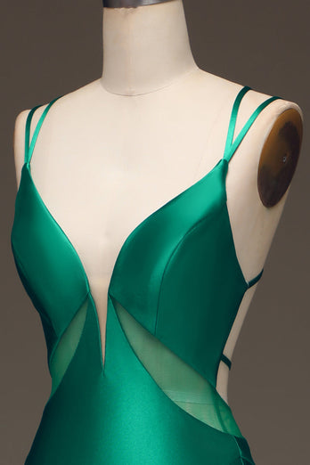 Zielona Satynowa Sukienka Na Studniówkę Z Głębokim Dekoltem W Serek I Sznurowanymi Plecami