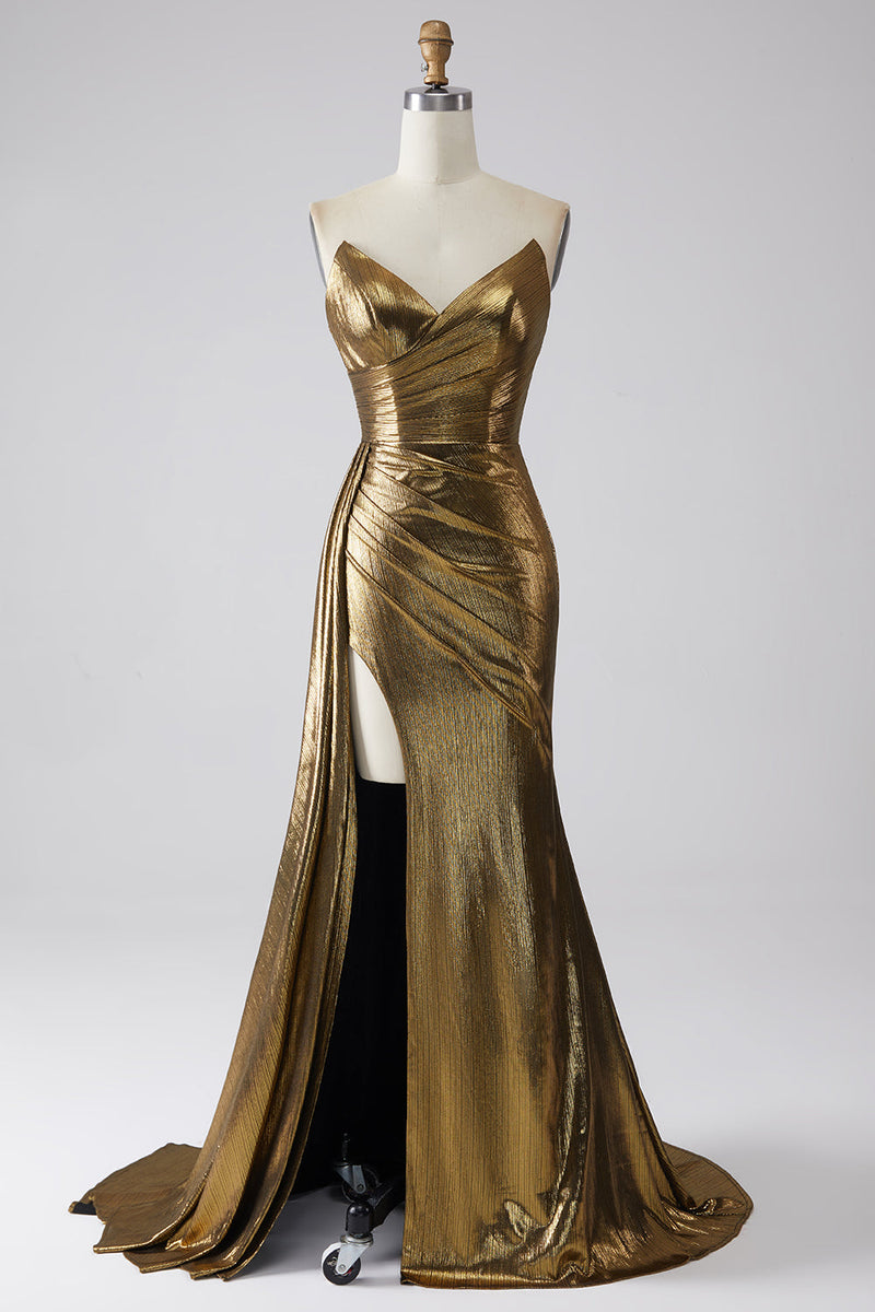 Załaduj obraz do przeglądarki galerii, Błyszcząca Złota Długa Sukienka Syrena Na Studniówkę Z Rozcięciem