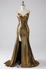 Załaduj obraz do przeglądarki galerii, Błyszcząca Złota Długa Sukienka Syrenka Na Studniówkę Z Rozcięciem