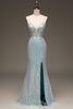 Załaduj obraz do przeglądarki galerii, Błyszcząca Syrenka Szara Niebieska Sukienka Na Studniówkę Z Rozcięciem