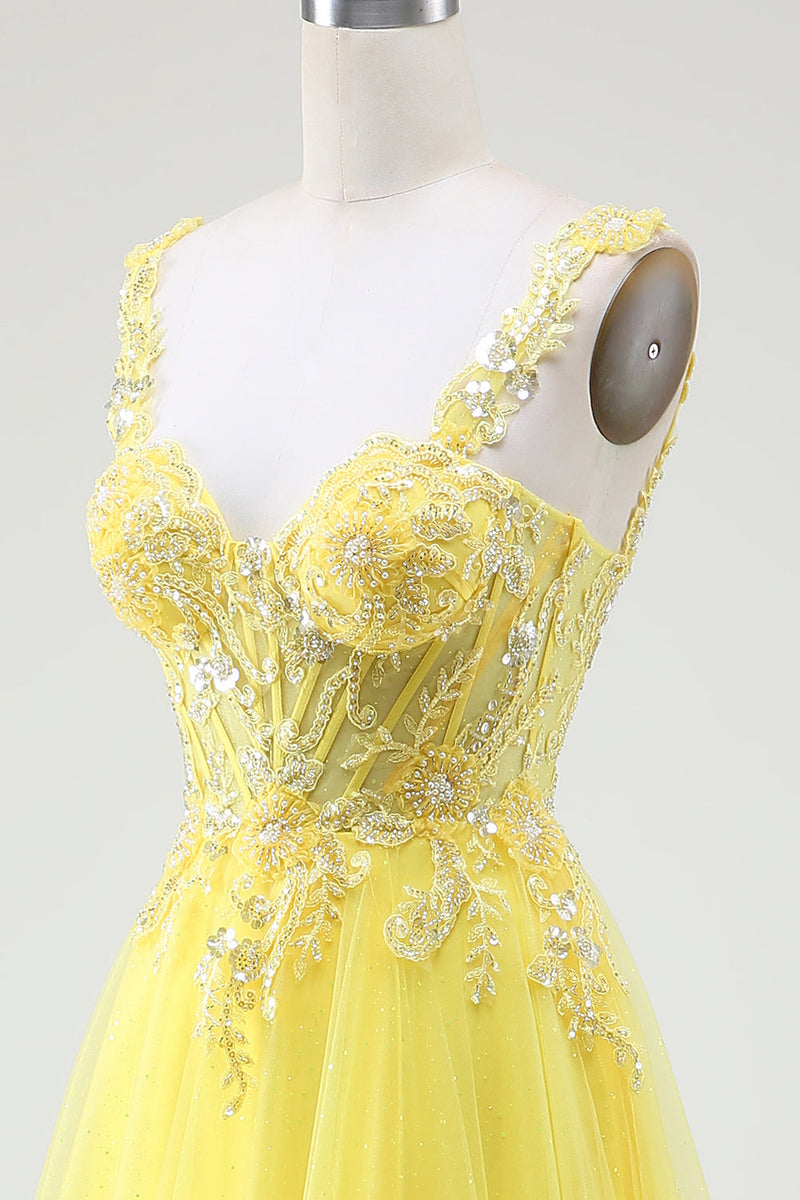 Załaduj obraz do przeglądarki galerii, Tiulowa Żółta Gorsetowa Sukienka Na Studniówkę Z Rozcięciem