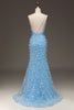 Załaduj obraz do przeglądarki galerii, Jasnoniebieska Syrenka Na Jedno Ramię Z Rozcięciem Z Boku Cekinowa Sukienka Na Studniówkę Z Aplikacjami