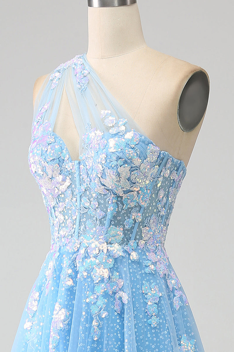 Załaduj obraz do przeglądarki galerii, Oszałamiająca Jasnoniebieska Długa Tiulowa Sukienka Na Studniówkę Z Aplikacjami
