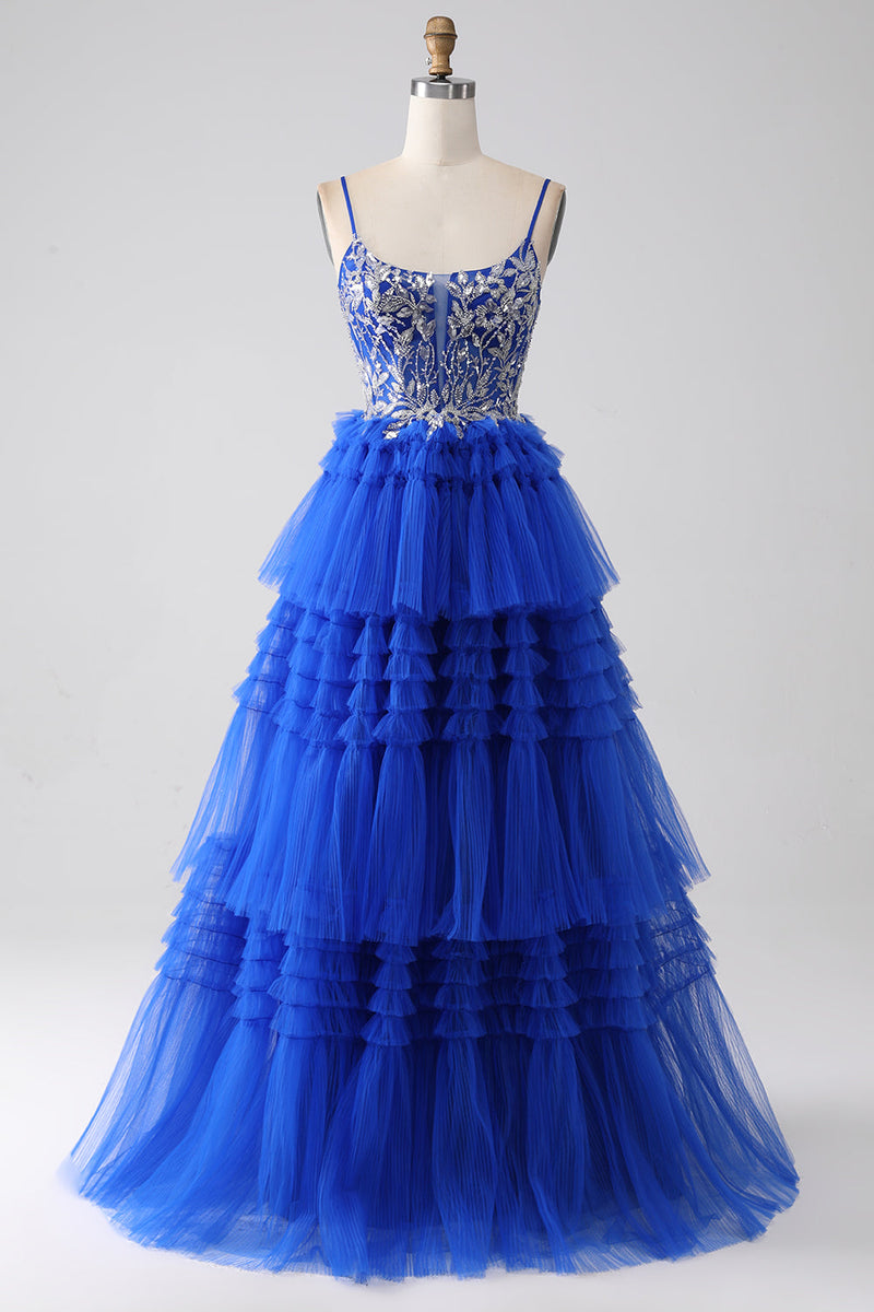 Załaduj obraz do przeglądarki galerii, Królewska Niebieska Cekinowa Sukienka Na Studniówkę Z Cekinami Z Falbanami