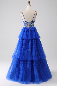 Królewska niebieska warstwowa sukienka na studniówkę z cekinami