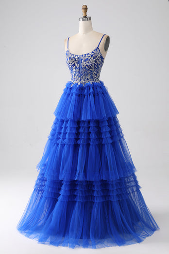 Królewska Niebieska Cekinowa Sukienka Na Studniówkę Z Cekinami Z Falbanami
