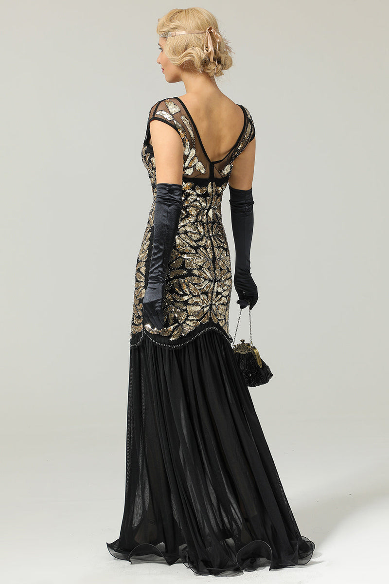 Załaduj obraz do przeglądarki galerii, Ciemnozielona długa sukienka z 1920 roku z cekinami