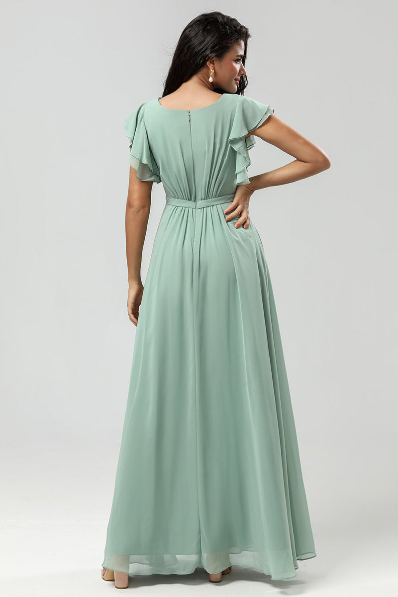 Załaduj obraz do przeglądarki galerii, Szyfonowa Zielona Sukienki Dla Druhny Z Plisami