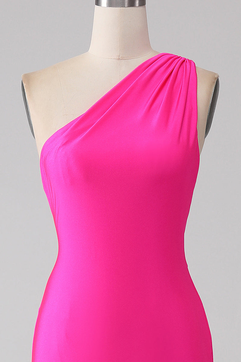 Załaduj obraz do przeglądarki galerii, Syrenka Gorący Różowy Długa Sukienka Na Studniówkę Na Jedno Ramię