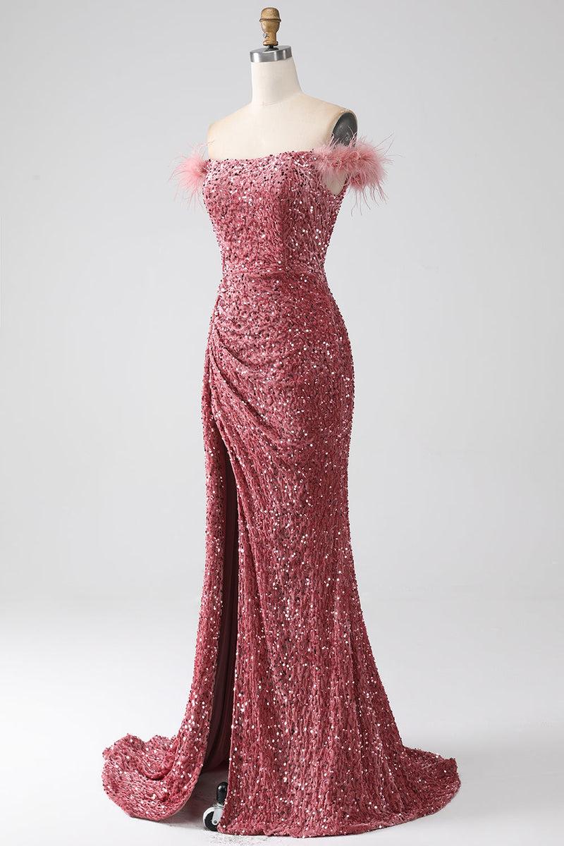 Załaduj obraz do przeglądarki galerii, Syrenka z odkrytymi ramionami Różowa cekinowa sukienka na studniówkę z rozcięciem