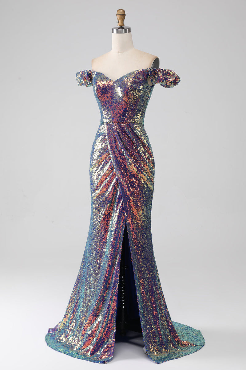 Załaduj obraz do przeglądarki galerii, Błyszcząca Fioletowa Sukienka Syrenka Na Studniówkę Z Rozcięciem