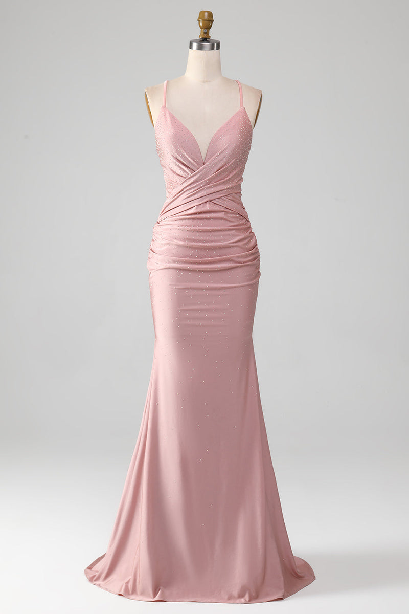 Załaduj obraz do przeglądarki galerii, Błyszcząca Różowa Syrenka Długa Sukienka Na Studniówkę Z Koralikami