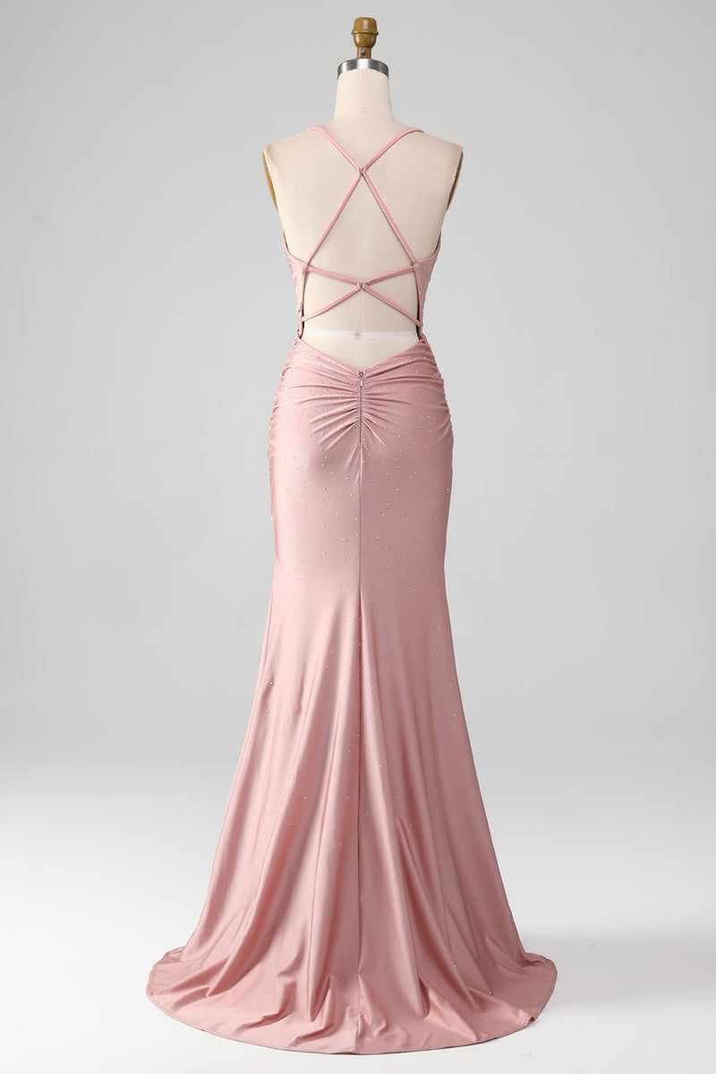 Załaduj obraz do przeglądarki galerii, Błyszcząca Różowa Syrenka Długa Sukienka Na Studniówkę Z Koralikami