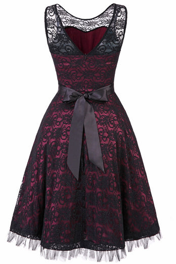 Vintage Elegancka Ciemnozielona koronkowa sukienka