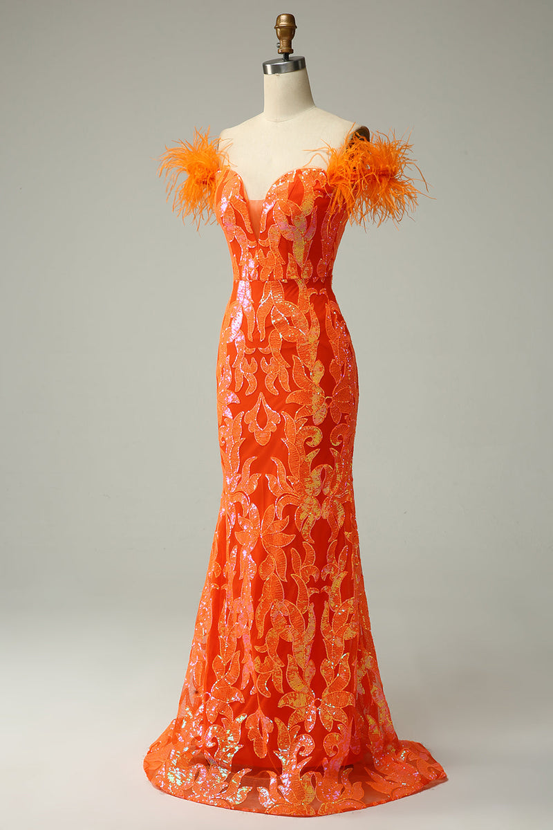 Załaduj obraz do przeglądarki galerii, Pomarańczowe Cekiny Z Ramienia Syrena Sukienka Na Studniówkę Z Piórami