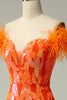 Załaduj obraz do przeglądarki galerii, Pomarańczowe Cekiny Z Ramienia Syrena Sukienka Na Studniówkę Z Piórami