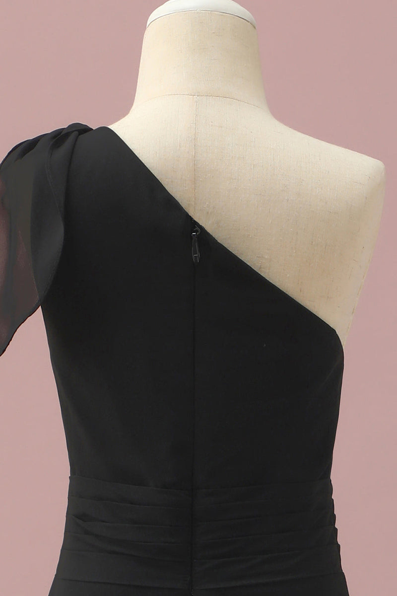 Załaduj obraz do przeglądarki galerii, Czarny szyfon na jedno ramię A-Line Junior Bridesmaid Dress