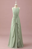 Sage Chiffon Round Neck Junior Bridesmaid Dress Z kaskadowymi falbanami