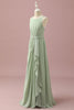Załaduj obraz do przeglądarki galerii, Sage Chiffon Round Neck Junior Bridesmaid Dress Z kaskadowymi falbanami