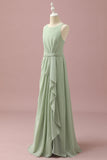 Sage Chiffon Round Neck Junior Bridesmaid Dress Z kaskadowymi falbanami