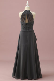Czarna sukienka dla druhen Halter Neck A-Line Junior z kaskadowymi falbanami