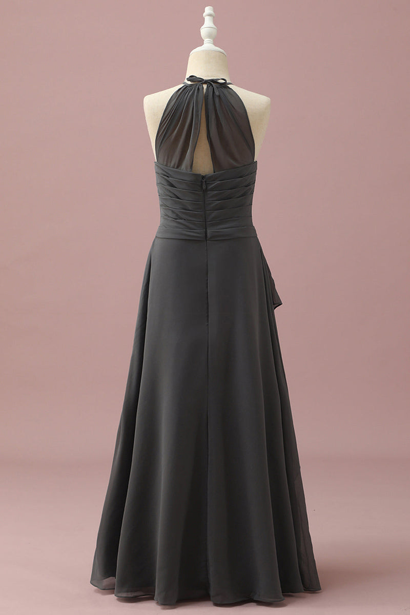 Załaduj obraz do przeglądarki galerii, Czarna sukienka dla druhen Halter Neck A-Line Junior z kaskadowymi falbanami