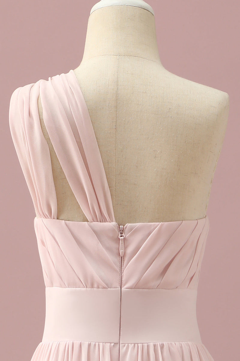 Załaduj obraz do przeglądarki galerii, Jasnoróżowy szyfon na jedno ramię Junior Bridesmaid Dress