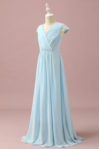 Jasnoniebieska koronkowa i szyfonowa sukienka dla druhen Junior z dekoltem w serek