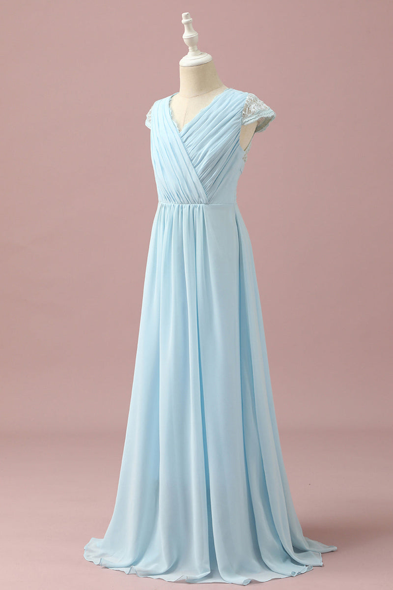 Załaduj obraz do przeglądarki galerii, Jasnoniebieska koronkowa i szyfonowa sukienka dla druhen Junior z dekoltem w serek