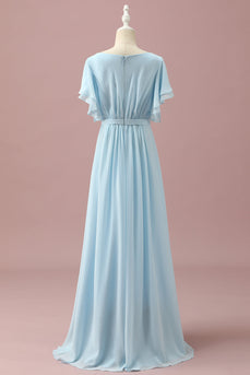 Jasnoniebieski szyfon Batwing Rękawy A-Line Junior Bridesmaid Dress