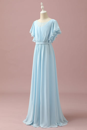 Jasnoniebieski szyfon Batwing Rękawy A-Line Junior Bridesmaid Dress