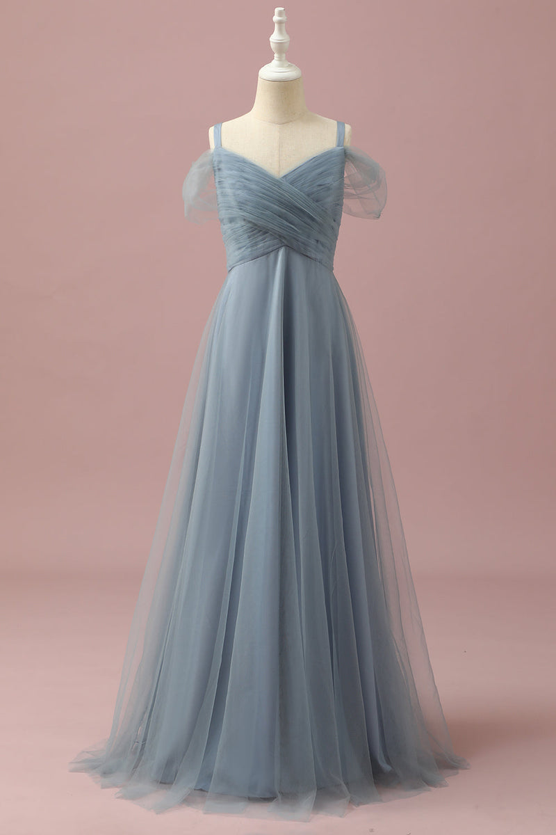 Załaduj obraz do przeglądarki galerii, Szary niebieski Cold Shoulder Tiul Junior Bridesmaid Dress